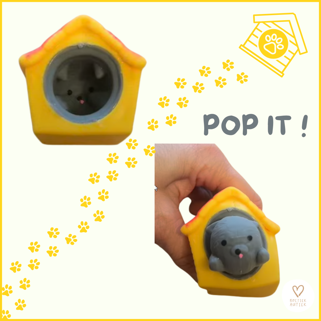 Pop up  'hond': squichy fidget voor onrustige handen.