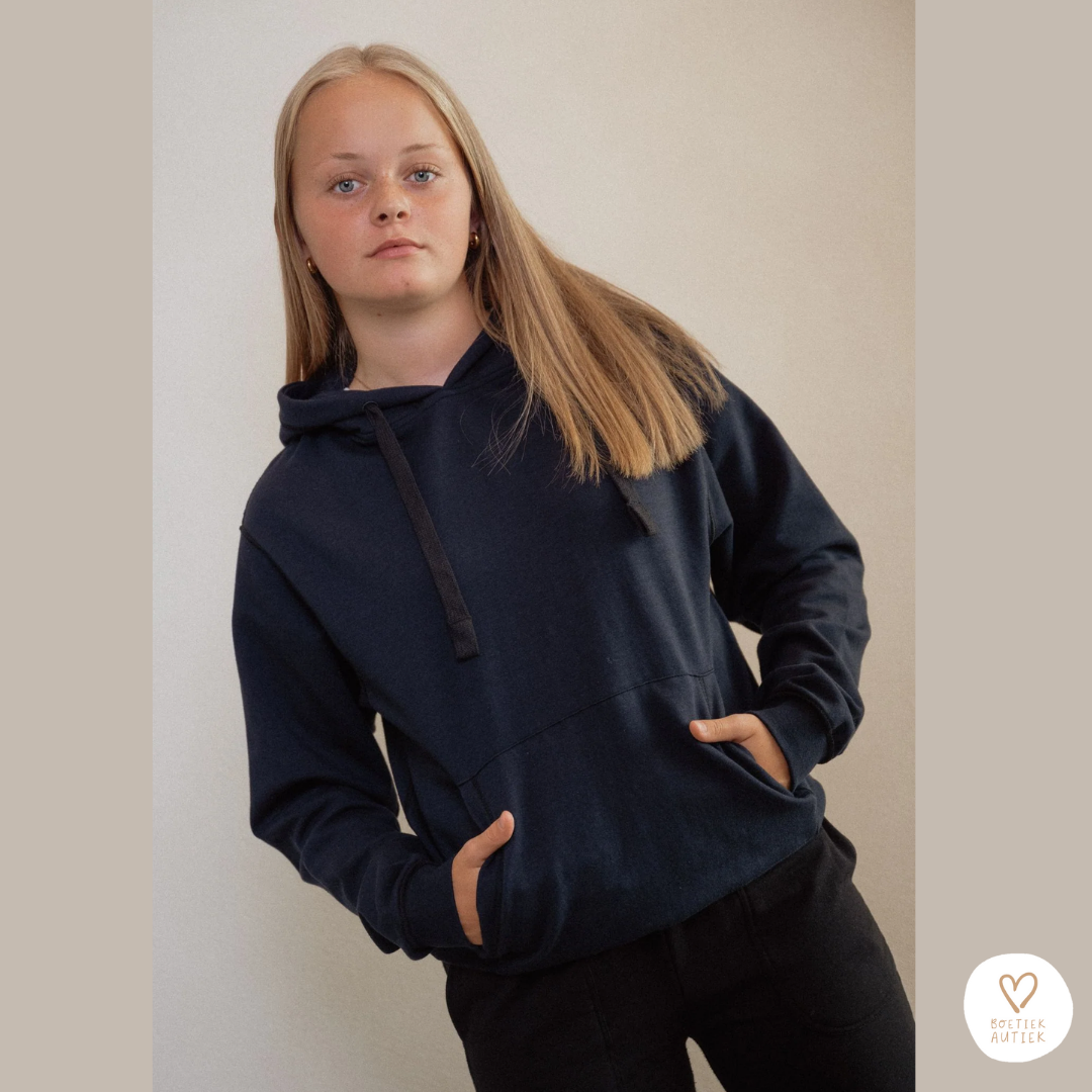 Donkerblauwe, zachte, prikkelarme Fidget Focus Hoodie 💙