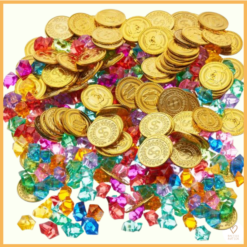 Schat met munten en diamanten.